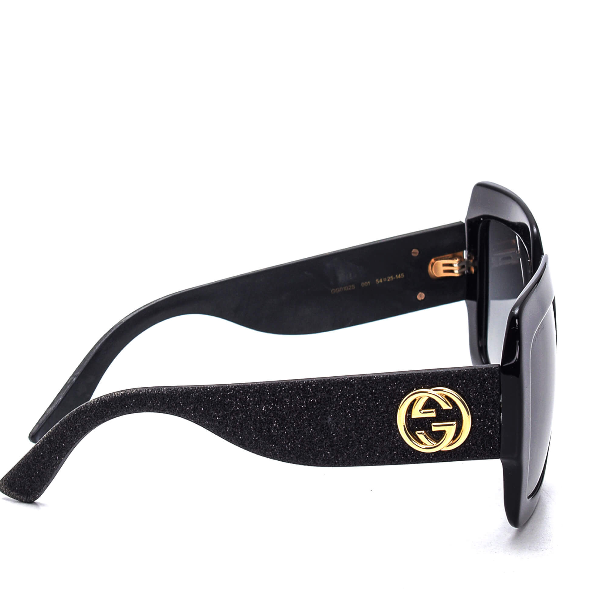 Gucci - Black Square Shiny Gold GG Sunglasses 